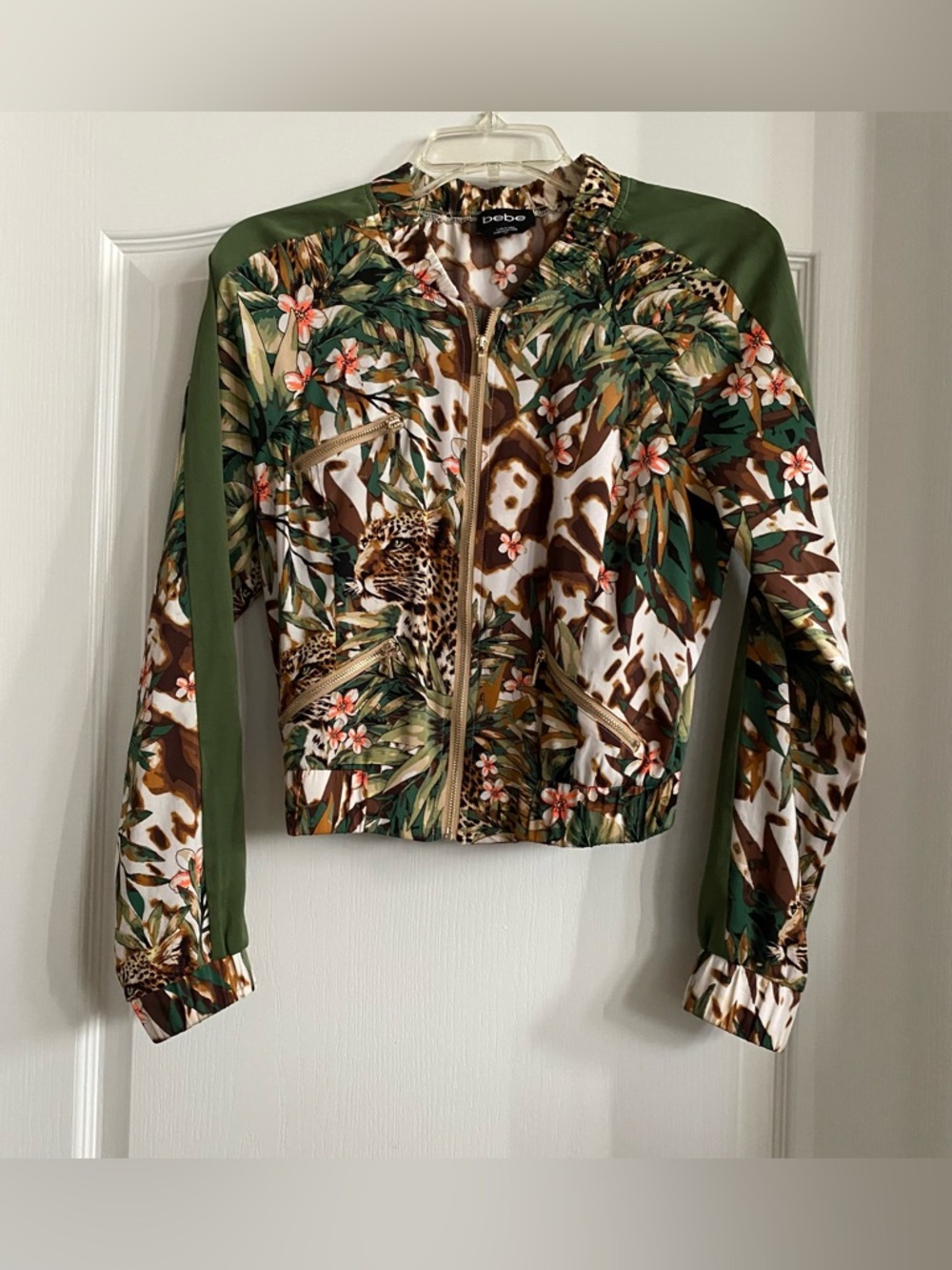 bebe Olive Green Tropical Leopard-Print Bomber Jacket